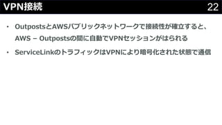 22VPN接続
• OutpostsとAWSパブリックネットワークで接続性が確⽴すると、
AWS – Outpostsの間に⾃動でVPNセッションがはられる
• ServiceLinkのトラフィックはVPNにより暗号化された状態で通信
 