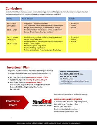 .
Registration Hotline : 0853 6553 4422, 0821 7446 8656 Email: mindsoul.pku@gmail.com
Curriculum
- Graphology ; Sejarah dan Aplikasi
- Trait Permanen & Non Permanen dalam tulisan tangan;
Margin, spasi, kemiringan,ukuran dan trait lainnya.
- Profil kepribadian, minat, respon emosi, cara berpikir,
konsep diri dan kecenderungan perilaku
Investmen Plan
Ringannya Investasi ini tentu masih kecil dibandingkan manfaat
besar yang didapatkan saat anda kuasai tools graphology ini;
 Rp 1.450.000,-/ peserta Pembayaran setelah 16 April
 Rp 950.000,-/ peserta lunas tgl. 3 April s.d. 16 April
 Rp 450.000,-/ peserta lunas sebelum 3 April
Investasi sudah meliputi: 2 x Lunch, 3 x Coffee Break, Modul
Training & FREE Coaching Grafologi 2 sesi senilai
Rp. 1.500.000,-
Information
Centre
Informasi dan pendaftaran mudahnya hubungi:
MINDA BRILLIANT INDONESIA
Jl. Mekar Sari No. 28 C Kel. Tangkerang Selatan,
Kec. Bukit Raya, Pekanbaru – Riau
Mobile. 0821 7446 8656
Email ; mindsoul.pku@gmail.com
www.hipnoterapipekanbaru.com
Investasi ditransfer melalui
Bank BCA No. 8135050748, atau
Bank BNI No. 98114163
a.n. Khairul Anwar
*Untuk Booking Seat, Pembayaran Down Payment
minimal Rp.200.000,-
Waktu Pokok Bahasan Metode
Hari I : Sabtu
23/04/2016
08.30 – 17.00
Hari II : Minggu
24/04/2016
08.30 – 15.00
- Job Matching, membuat indikator Graphology sesuai
dengan posisi/pekerjaan
- Mengenali 21 trait ketidakjujuran dalam tulisan tangan
- Analisa Tanda Tangan
- Membuat Laporan yang efektif
- Praktek Profilling Kepribadian
- Praktek analisa Kasus Pencurian dengan Graphology
- Presentasi
- Diskusi
- Praktik
- Presentasi
- Diskusi
- Praktik
Kurikulum Pelatihan dirancang secara sistematis sehingga memudahkan peserta memahami dan mampu melakukan
analisa tulisan tangan dan menyusun laporan profil kepribadian secara efektif.
 