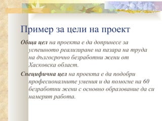 Пример за цели на проект Обща цел  на проекта е да допринесе за успешното реализиране на пазара на труда  на дългосрочно безработни жени от Хасковска област. Специфична цел  на проекта е да подобри професионалните умения и да помогне на 60 безработни жени с основно образование да си намерят работа. 