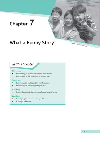Chapter 7 
What a Funny Story! 
In This Chapter 
Listening: 
• Responding to expressions of love and sadness 
• Responding to the meanings in a spoof text 
Speaking: 
• Expressing the feelings of love and sadness 
• Expressing the meaning in a spoof text 
Reading: 
• Comprehending to the rhetorical steps in spoof texts 
Writing: 
• Identifying the structure of a spoof text 
• Writing a spoof text 
Source: www.tropicalisland.de 
133 
 