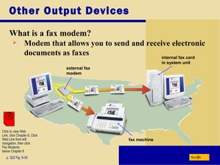 Other Output Devices
What is a fax modem?
p. 322 Fig. 6-30 Next
 Modem that allows you to send and receive electronic
documents as faxes
external fax
modem
internal fax card
in system unit
fax machine
Click to view Web
Link, click Chapter 6, Click
Web Link from left
navigation, then click
Fax Modems
below Chapter 6
 
