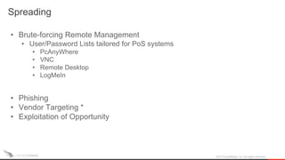 Spreading
2015 CrowdStrike, Inc. All rights reserved.
• Brute-forcing Remote Management
• User/Password Lists tailored for PoS systems
• PcAnyWhere
• VNC
• Remote Desktop
• LogMeIn
• Phishing
• Vendor Targeting *
• Exploitation of Opportunity
 