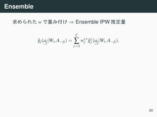 Ensemble
w ⇒ Ensemble IPW
ˆgj(aj|Wi,A−ji) =
C
∑
c=1
wc∗
j ˆgc
j (aj|Wi,A−ji).
20
 