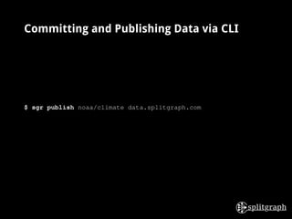 Committing and Publishing Data via CLI
$ sgr publish noaa/climate data.splitgraph.com
 