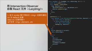 1. 首次 render 顯示預設的 <img> 底圖和屬性
src 放 default 底圖
data-src 放實際圖片
ref 取得 <img> element…etc
用 Intersection Observer
自製 React 元件 <LazyImg/>
 