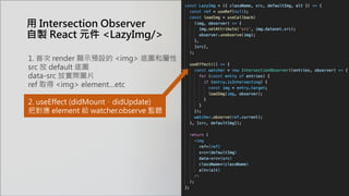 用 Intersection Observer
自製 React 元件 <LazyImg/>
1. 首次 render 顯示預設的 <img> 底圖和屬性
src 放 default 底圖
data-src 放實際圖片
ref 取得 <img> element…etc
2. useEffect (didMount、didUpdate)
把對應 element 給 watcher.observe 監聽
 