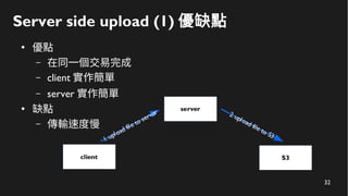 32
Server side upload (1) 優缺點
●
優點
– 在同一個交易完成
– client 實作簡單
– server 實作簡單
●
缺點
– 傳輸速度慢
 