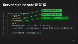 70
Server side encode 原始碼
轉成 jpeg 降低檔案大小
縮小尺寸降低檔案大小
加入透明度確保 encode 不會失敗
 
