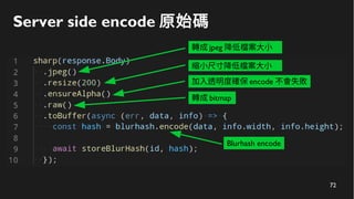 72
Server side encode 原始碼
轉成 jpeg 降低檔案大小
縮小尺寸降低檔案大小
加入透明度確保 encode 不會失敗
轉成 bitmap
Blurhash encode
 