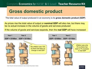 © Brian Titley 2012: this may be reproduced for class use solely for the purchaser’s institute
Gross domestic product
The total value of output produced in an economy is its gross domestic product (GDP)
As prices rise the total value of output or nominal GDP will also rise, but there may
be no actual increase in the volume of goods and services produced
If the volume of goods and services expands, then the real GDP will have increased
Year 1 Year 2
GDP = $100bn GDP = $110bn
But inflation was 10%
so there has been no
change in real GDP
Year 1 Year 2
GDP = $100bn GDP = $110bn
Inflation was only
3% so there has
been a 7% increase
in real GDP
 