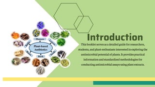 Introduction
Thisbookletserves asadetailed guideforresearchers,
students, andplantenthusiasts interestedinexploringthe
antimicrobialpotentialofplants. Itprovidespractical
informationand standardized methodologiesfor
conductingantimicrobialassays usingplantextracts.
 