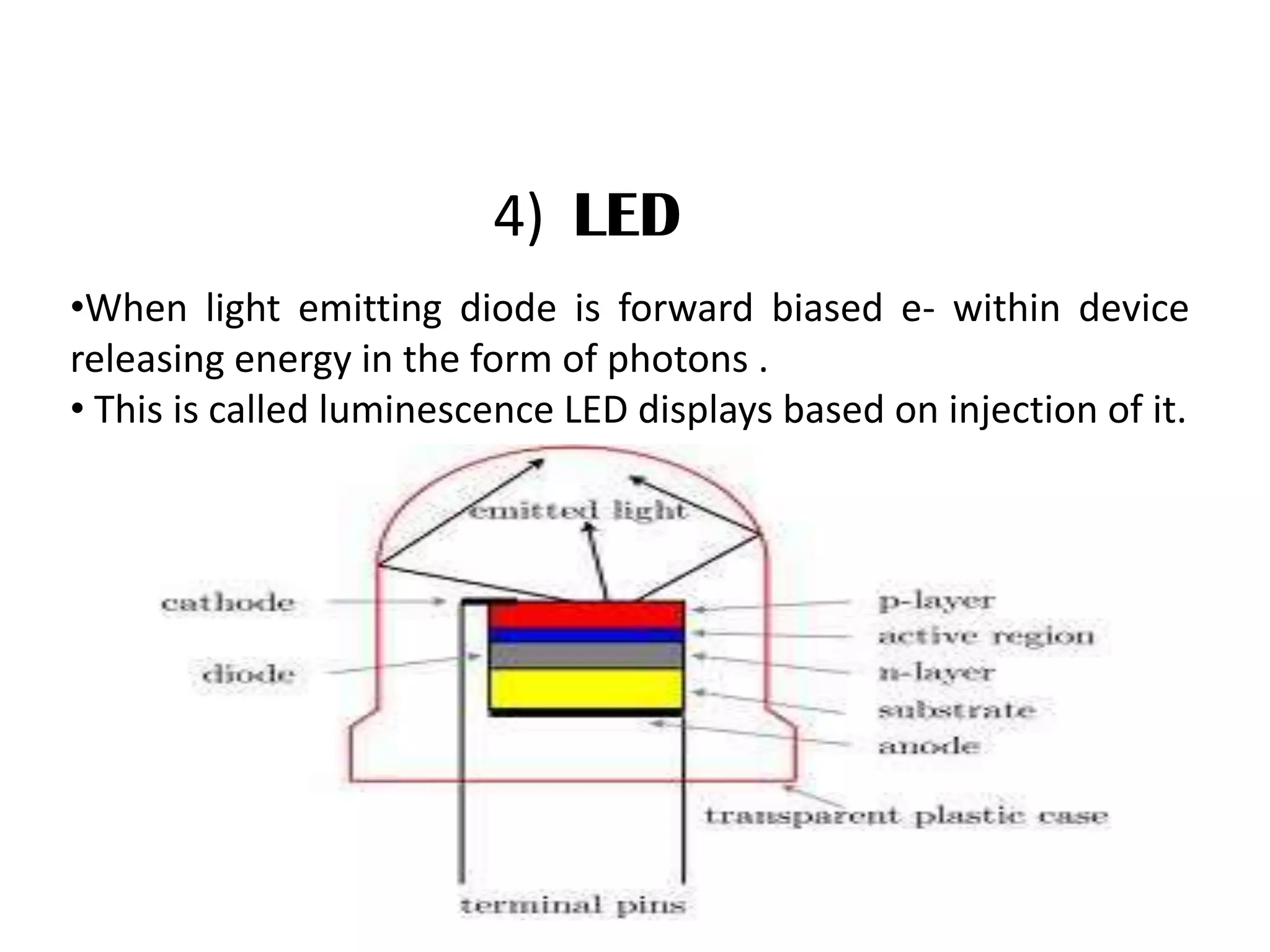 4) LED
•When light emitting diode is forward biased e- within device
releasing energy in the form of photons .
• This is called luminescence LED displays based on injection of it.
 