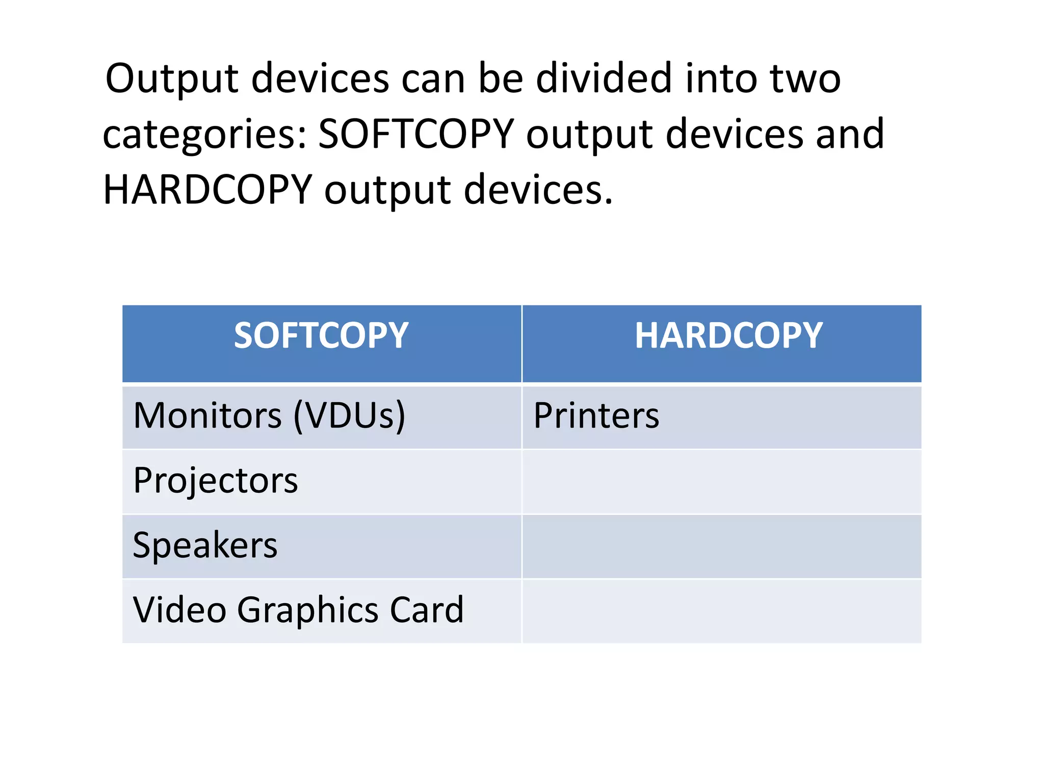 Output devices can be divided into two
categories: SOFTCOPY output devices and
HARDCOPY output devices.
SOFTCOPY HARDCOPY
Monitors (VDUs) Printers
Projectors
Speakers
Video Graphics Card
 