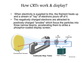 How CRTs work & display?
• When electricity is supplied to this, the filament heats up
and a stream or "ray" of electrons pours off of it.
• The negatively charged electrons are attracted to
positively charged "anodes" which focus the particles into
three narrow beams, accelerating them to strike a
phosphor-coated display screen.
 