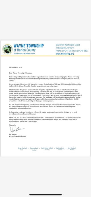 Wayne Township Fire Merger Letter from Jeb Barton