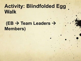 Activity: Blindfolded Egg
Walk
(EB  Team Leaders 
Members)
 