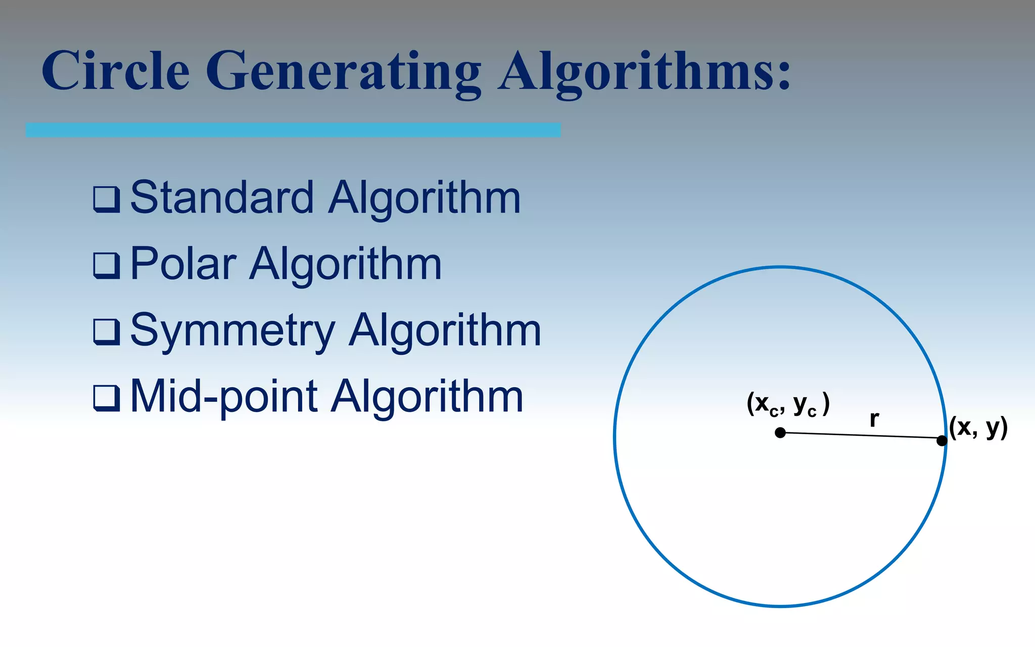 Circle Generating Algorithms:

  Standard  Algorithm
  Polar Algorithm
  Symmetry Algorithm
  Mid-point Algorithm     (xc, yc )
                                       r   (x, y)
 