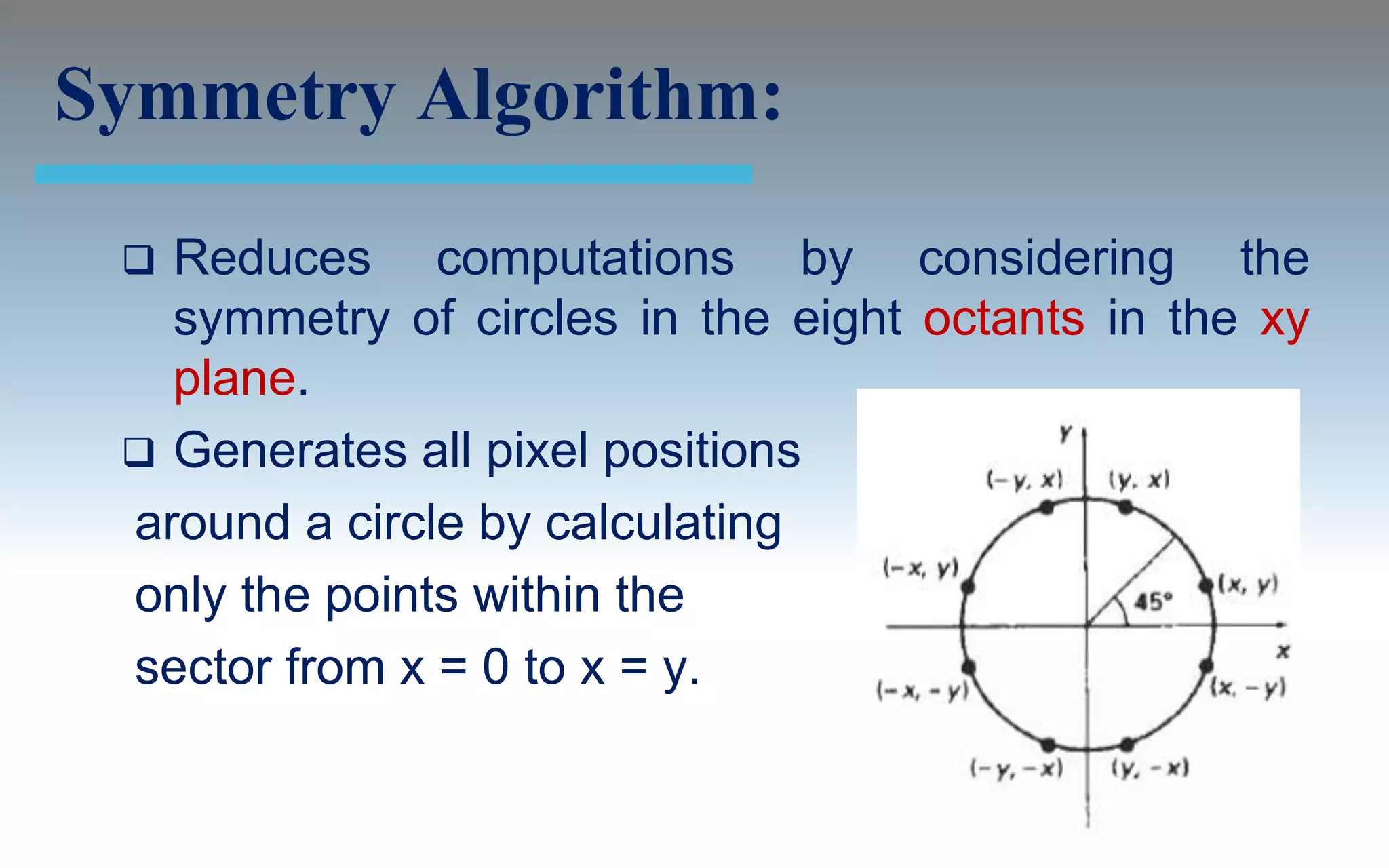 Symmetry Algorithm:

  Reduces computations by considering the
   symmetry of circles in the eight octants in the xy
   plane.
  Generates all pixel positions
 around a circle by calculating
 only the points within the
 sector from x = 0 to x = y.
 