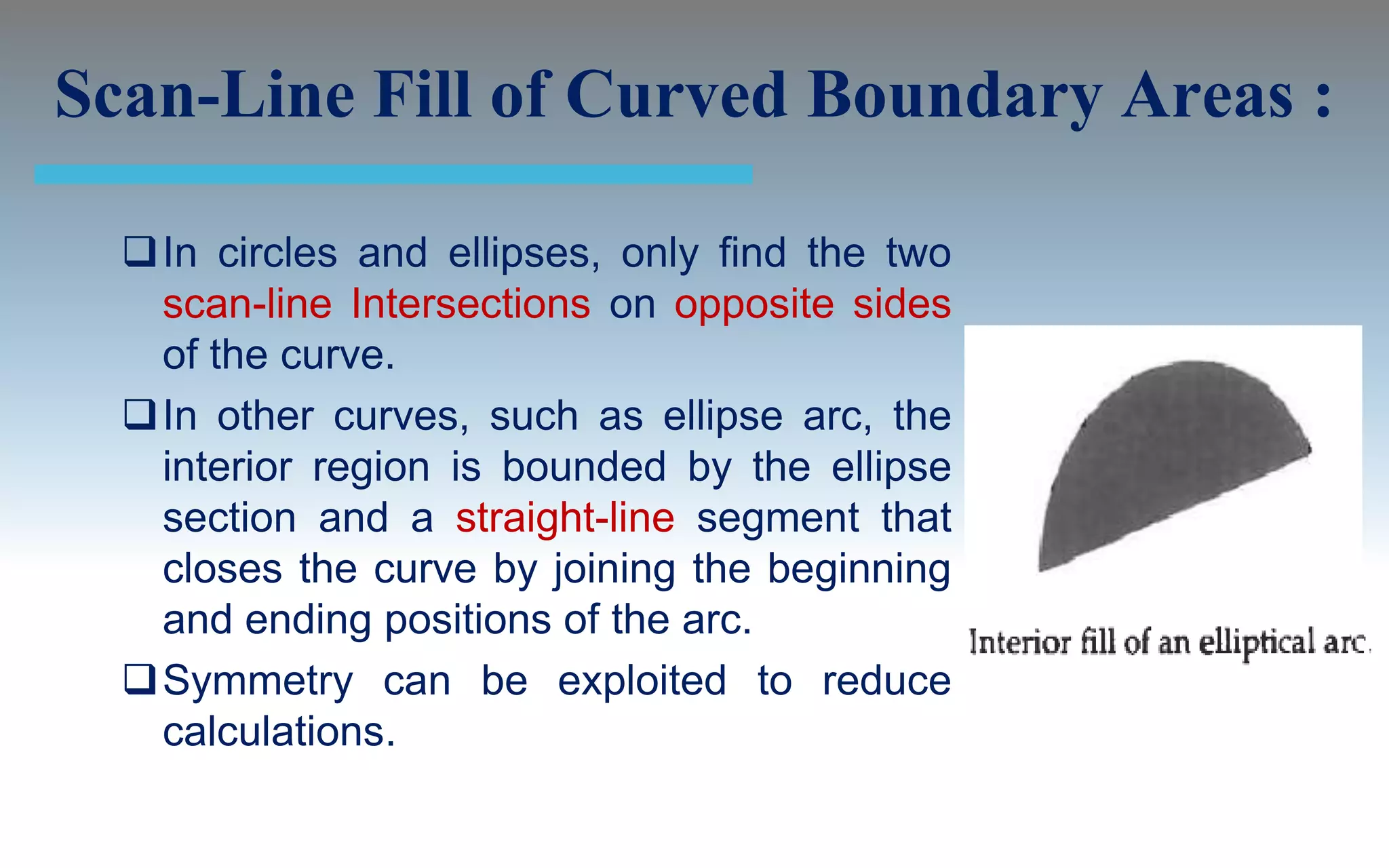 Scan-Line Fill of Curved Boundary Areas :

  In circles and ellipses, only find the two
   scan-line Intersections on opposite sides
   of the curve.
  In other curves, such as ellipse arc, the
   interior region is bounded by the ellipse
   section and a straight-line segment that
   closes the curve by joining the beginning
   and ending positions of the arc.
  Symmetry can be exploited to reduce
   calculations.
 