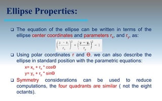 Ellipse Properties:
    The equation of the ellipse can be written in terms of the
     ellipse center coordinates and parameters rx, and ry, as:


    Using polar coordinates r and Ө. we can also describe the
     ellipse in standard position with the parametric equations:
        x= xc + rx * cosӨ
        y= yc + ry * sinӨ
    Symmetry considerations can be used to reduce
     computations, the four quadrants are similar ( not the eight
     octants).
 