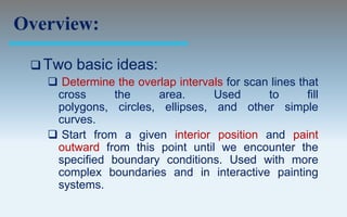 Overview:

  Two   basic ideas:
    Determine the overlap intervals for scan lines that
    cross      the     area.      Used       to       fill
    polygons, circles, ellipses, and other simple
    curves.
    Start from a given interior position and paint
    outward from this point until we encounter the
    specified boundary conditions. Used with more
    complex boundaries and in interactive painting
    systems.
 