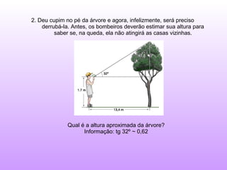 2. Deu cupim no pé da árvore e agora, infelizmente, será preciso  derrubá-la. Antes, os bombeiros deverão estimar sua altura para saber se, na queda, ela não atingirá as casas vizinhas. Qual é a altura aproximada da árvore? Informação: tg 32º ~ 0,62 