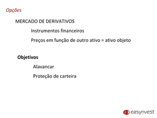 Opções MERCADO DE DERIVATIVOS Instrumentos financeiros Preços em função de outro ativo = ativo objeto Objetivos Alavancar Proteção de carteira 