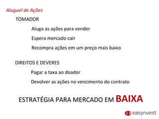 Aluguel de Ações TOMADOR Aluga as ações para vender Espera mercado cair Recompra ações em um preço mais baixo DIREITOS E DEVERES Pagar a taxa ao doador Devolver as ações no vencimento do contrato ESTRATÉGIA PARA MERCADO EM  BAIXA 