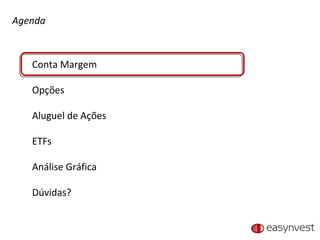 Agenda Conta Margem Opções Aluguel de Ações ETFs Análise Gráfica Dúvidas? 