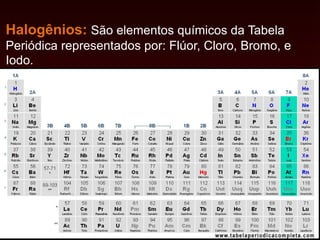 Halogênios: São elementos químicos da Tabela
Periódica representados por: Flúor, Cloro, Bromo, e
Iodo.
 