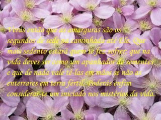 Verás então que as amarguras são os  segundos de sede na caminhada até Ele. Que mais sedento estará quem te fez sofrer; que na vida deves ser como um apanhador de sementes e que de nada vale tê-las em mãos se não as enterrares em terra fértil. Poderás enfim considerar-te um iniciado nos mistérios da vida.  