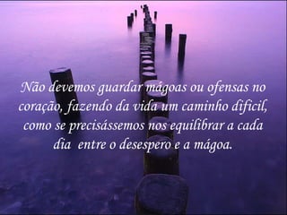 Não devemos guardar mágoas ou ofensas no coração, fazendo da vida um caminho dificil, como se precisássemos nos equilibrar a cada dia  entre o desespero e a mágoa. 