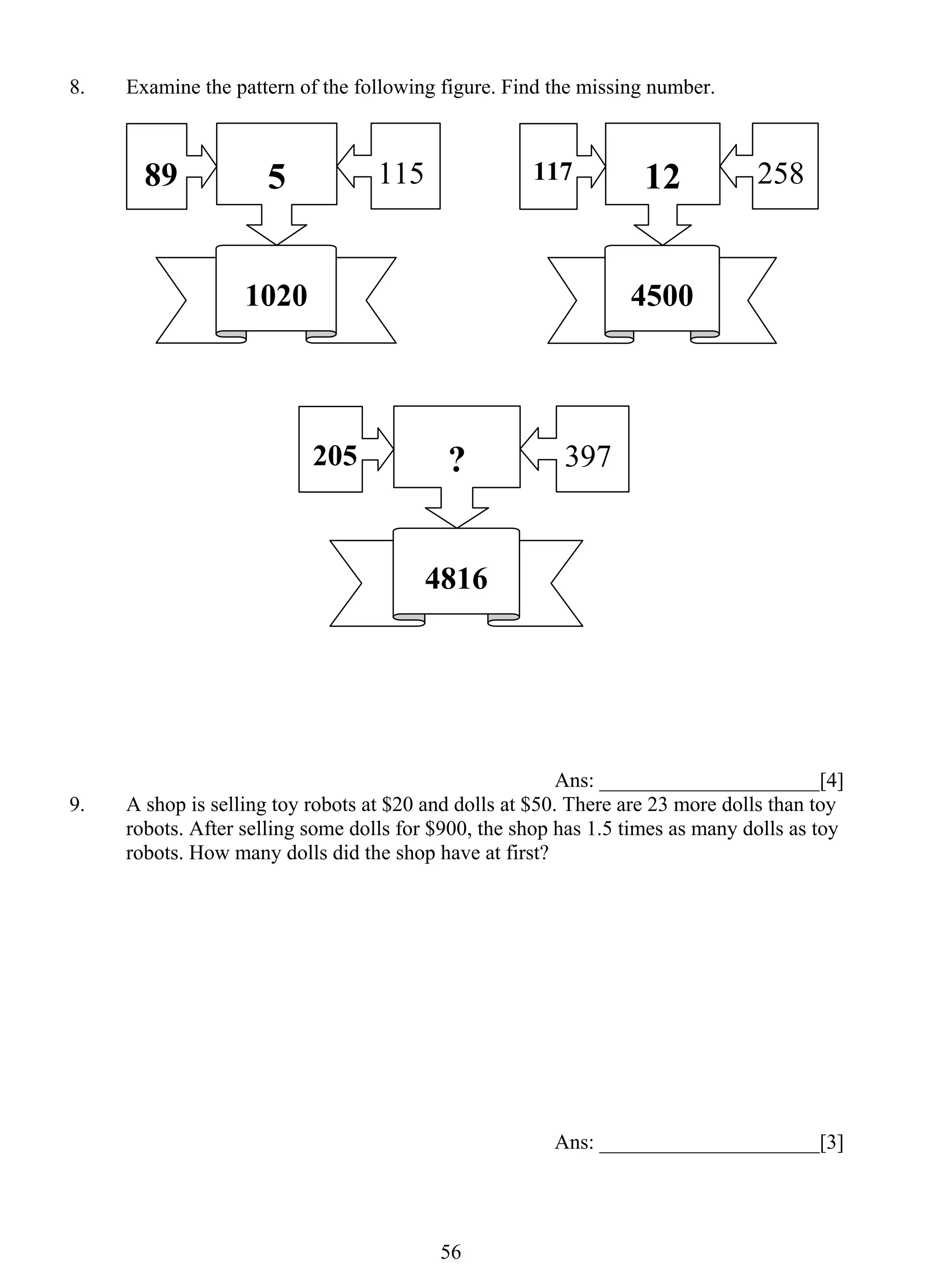 8. Examine the pattern of the following figure. Find the missing number. 
? 
56 
12 
Ans: _____________________[4] 
5 
9. A shop is selling toy robots at $20 and dolls at $50. There are 23 more dolls than toy 
robots. After selling some dolls for $900, the shop has 1.5 times as many dolls as toy 
robots. How many dolls did the shop have at first? 
Ans: _____________________[3] 
89 
115 
1020 
117 
258 
4500 
205 
397 
4816 
 