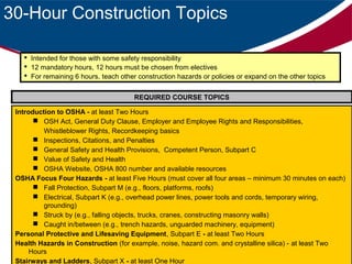 30-Hour Construction Topics
 Intended for those with some safety responsibility
 12 mandatory hours, 12 hours must be chosen from electives
 For remaining 6 hours, teach other construction hazards or policies or expand on the other topics
REQUIRED COURSE TOPICS
Introduction to OSHA - at least Two Hours
 OSH Act, General Duty Clause, Employer and Employee Rights and Responsibilities,
Whistleblower Rights, Recordkeeping basics
 Inspections, Citations, and Penalties
 General Safety and Health Provisions, Competent Person, Subpart C
 Value of Safety and Health
 OSHA Website, OSHA 800 number and available resources
OSHA Focus Four Hazards - at least Five Hours (must cover all four areas – minimum 30 minutes on each)
 Fall Protection, Subpart M (e.g., floors, platforms, roofs)
 Electrical, Subpart K (e.g., overhead power lines, power tools and cords, temporary wiring,
grounding)
 Struck by (e.g., falling objects, trucks, cranes, constructing masonry walls)
 Caught in/between (e.g., trench hazards, unguarded machinery, equipment)
Personal Protective and Lifesaving Equipment, Subpart E - at least Two Hours
Health Hazards in Construction (for example, noise, hazard com. and crystalline silica) - at least Two
Hours
Stairways and Ladders, Subpart X - at least One Hour

 