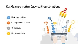 Как быстро найти базу сайтов donations
26
Находим сайты
Собираем их ссылки
Получаем базу
Фильтруем
1
2
3
4
 