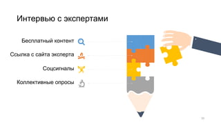 Интервью с экспертами
33
Бесплатный контент
Ссылка с сайта эксперта
Соцсигналы
Коллективные опросы
 