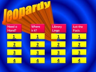 Need a   Where    Library   Just the
Hand?    is it?   Lingo     Facts

   1        1        1          1
   2        2        2          2
   3        3        3          3
   4        4        4          4
 