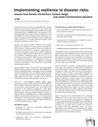 Implementing resilience to disaster risks:
lessons from Sendai and Sichuan, Cyclone Nargis
                               ...