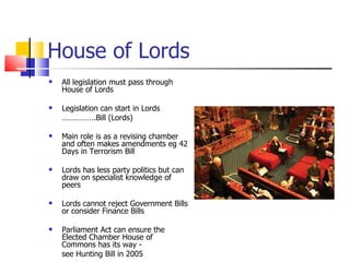 House of Lords  All legislation must pass through House of Lords Legislation can start in Lords  …………… .Bill (Lords)  Main role is as a revising chamber and often makes amendments eg 42 Days in Terrorism Bill  Lords has less party politics but can draw on specialist knowledge of peers  Lords cannot reject Government Bills or consider Finance Bills  Parliament Act can ensure the Elected Chamber House of Commons has its way -  see Hunting Bill in 2005  