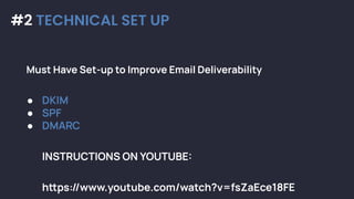 #2 TECHNICAL SET UP
Must Have Set-up to Improve Email Deliverability
● DKIM
● SPF
● DMARC
INSTRUCTIONS ON YOUTUBE:
hps://...