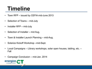 • Town RFP – issued by CEFIA mid-June 2013
• Selection of Towns – mid-July
• Installer RFP – mid-July
• Selection of Installer – mid Aug.
• Town & Installer Launch Planning – mid-Aug.
• Solarize Kickoff Workshop –mid-Sept.
• Local Campaigns – Library workshops, solar open houses, tabling, etc. –
Fall
• Campaign Conclusion – mid-Jan. 2014
Timeline
 