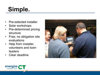 Simple.
• Pre-selected installer
• Solar workshops
• Pre-determined pricing
structure
• Free, no obligation site
evaluations
• Help from installer,
volunteers and town
leaders
• Clear deadline
 