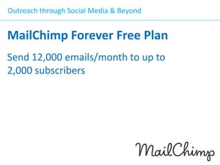 Outreach through Social Media & Beyond

MailChimp Forever Free Plan
Send 12,000 emails/month to up to
2,000 subscribers

 