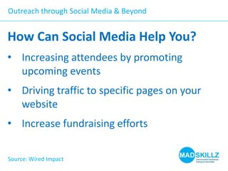 Outreach through Social Media & Beyond

How Can Social Media Help You?
• Increasing attendees by promoting
upcoming events
• Driving traffic to specific pages on your
website
• Increase fundraising efforts
Source: Wired Impact

 