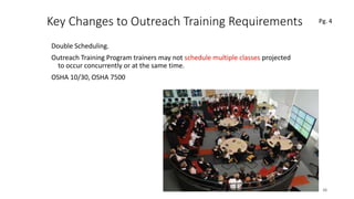 Key Changes to Outreach Training Requirements
Double Scheduling.
Outreach Training Program trainers may not schedule multiple classes projected
to occur concurrently or at the same time.
OSHA 10/30, OSHA 7500
16
 