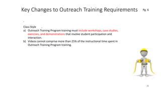 Key Changes to Outreach Training Requirements
.
25
.Class Style
a) Outreach Training Program training must include workshops, case studies,
exercises, and demonstrations that involve student participation and
interaction.
b) Videos cannot comprise more than 25% of the instructional time spent in
Outreach Training Program training.
Pg. 6
 
