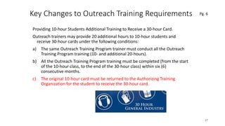 Key Changes to Outreach Training Requirements
Providing 10-hour Students Additional Training to Receive a 30-hour Card.
Outreach trainers may provide 20 additional hours to 10-hour students and
receive 30-hour cards under the following conditions:
a) The same Outreach Training Program trainer must conduct all the Outreach
Training Program training (10- and additional 20-hours).
b) All the Outreach Training Program training must be completed (from the start
of the 10-hour class, to the end of the 30-hour class) within six (6)
consecutive months.
c) The original 10-hour card must be returned to the Authorizing Training
Organization for the student to receive the 30-hour card.
27
.
Pg. 6
 