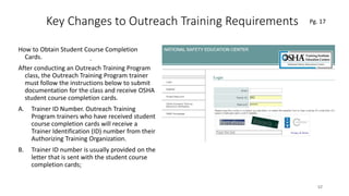 Key Changes to Outreach Training Requirements
How to Obtain Student Course Completion
Cards.
After conducting an Outreach Training Program
class, the Outreach Training Program trainer
must follow the instructions below to submit
documentation for the class and receive OSHA
student course completion cards.
A. Trainer ID Number. Outreach Training
Program trainers who have received student
course completion cards will receive a
Trainer Identification (ID) number from their
Authorizing Training Organization.
B. Trainer ID number is usually provided on the
letter that is sent with the student course
completion cards;
57
.
Pg. 17
 