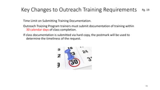 Key Changes to Outreach Training Requirements
Time Limit on Submitting Training Documentation.
Outreach Training Program trainers must submit documentation of training within
30 calendar days of class completion.
If class documentation is submitted via hard copy, the postmark will be used to
determine the timeliness of the request.
61
.
Pg. 19
 