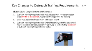 Key Changes to Outreach Training Requirements
Student Course Completion Cards and Certificates
A. Outreach Training Program trainers must issue student course completion
cards directly to the student, regardless of who paid for the training.
B. Cards must be sent to the student’s address on record.
C. Outreach Training Program trainers who fail to comply with this requirement
may be subject to corrective action by OSHA, up to and including revocation
of Outreach Training Program trainer status.
67
.
Pg. 22
 